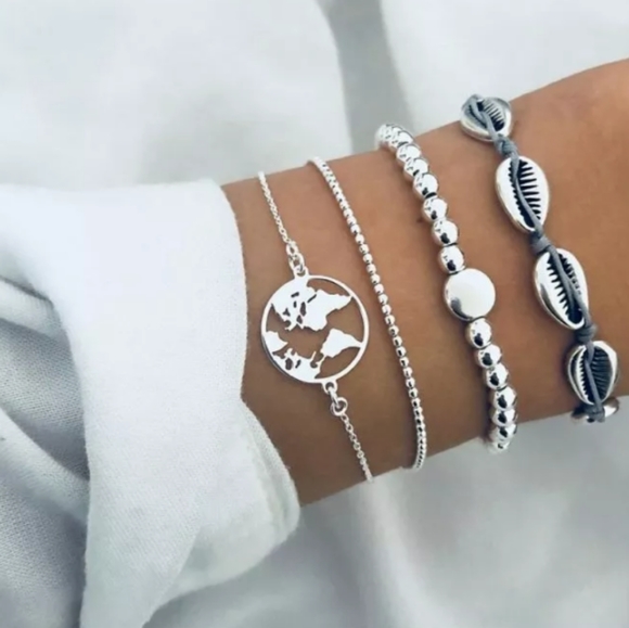 Jewelry - EARTH Themed Four Piece Silver Tone Layering Bracelet Set